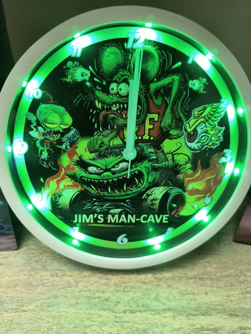 Neon Green Rat Fink Style LED Wall Clock - Jim's Man-Cave